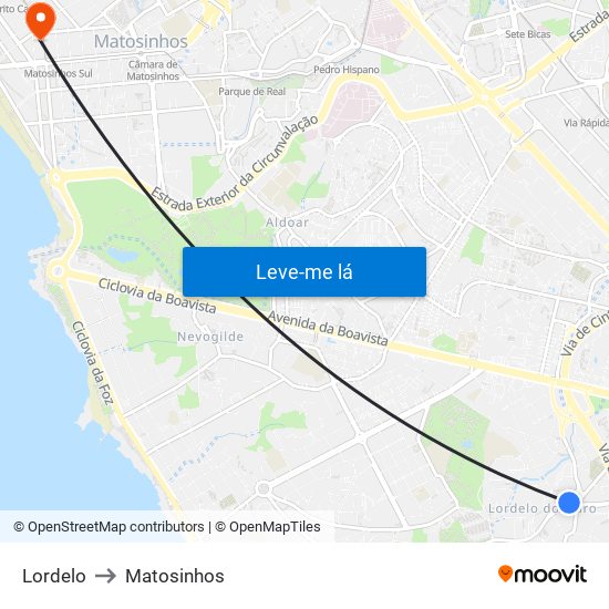 Lordelo to Matosinhos map