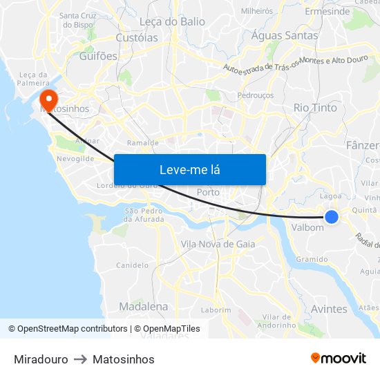 Miradouro to Matosinhos map