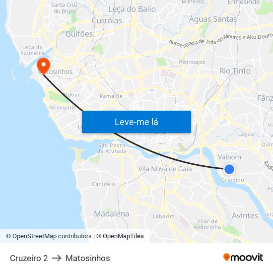 Cruzeiro 2 to Matosinhos map