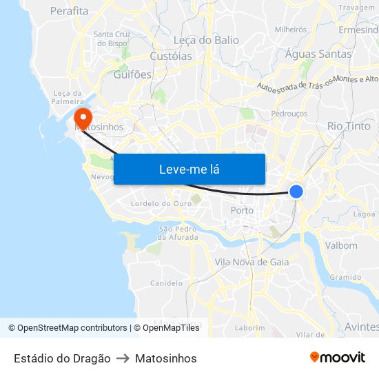 Estádio do Dragão to Matosinhos map