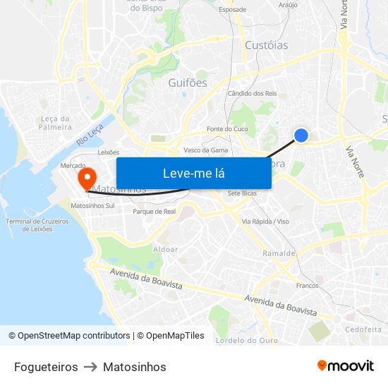 Fogueteiros to Matosinhos map