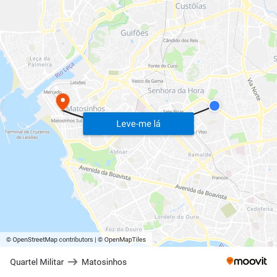 Quartel Militar to Matosinhos map