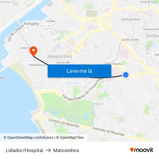 Lidador/Hospital to Matosinhos map