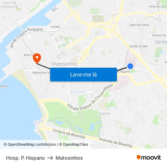 Hosp. P. Hispano to Matosinhos map