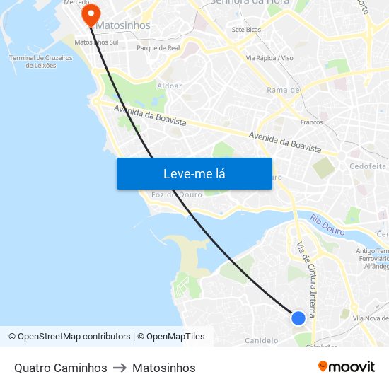 Quatro Caminhos to Matosinhos map