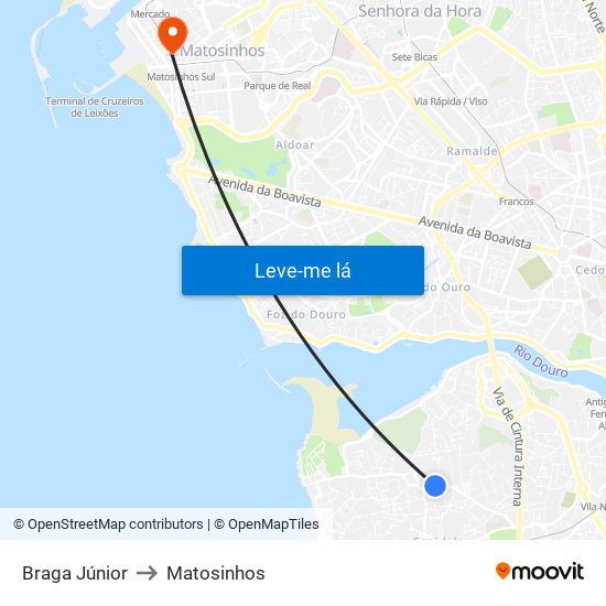 Braga Júnior to Matosinhos map