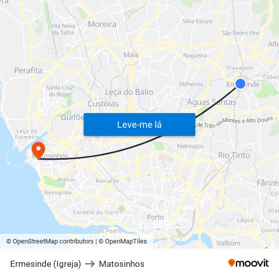 Ermesinde (Igreja) to Matosinhos map