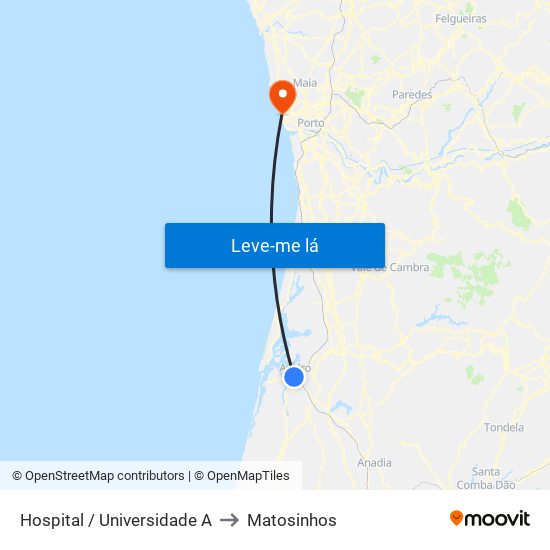Hospital / Universidade A to Matosinhos map