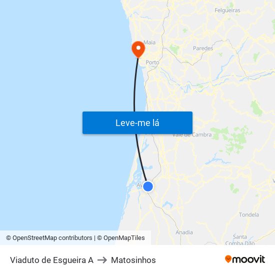 Viaduto de Esgueira A to Matosinhos map