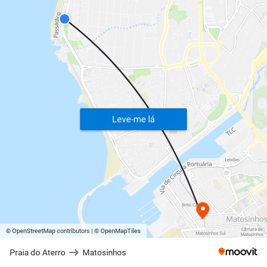 Praia do Aterro to Matosinhos map