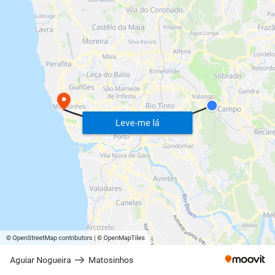 Aguiar Nogueira to Matosinhos map