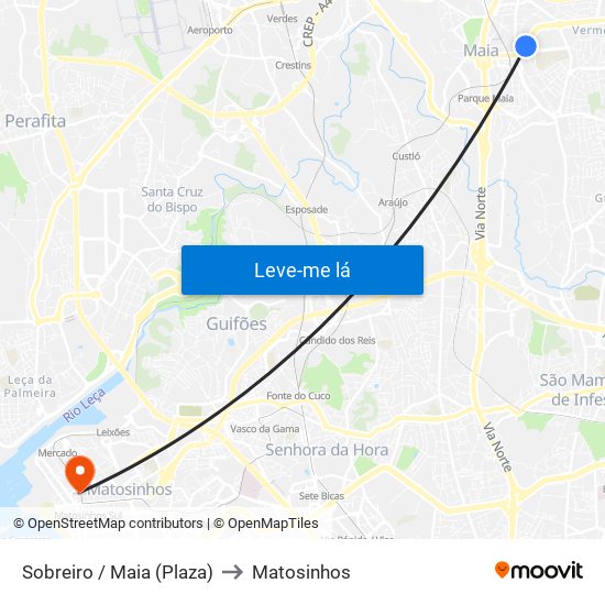 Sobreiro / Maia (Plaza) to Matosinhos map