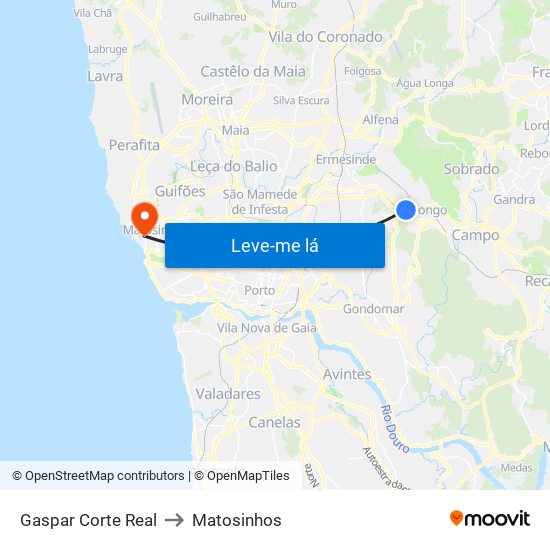 Gaspar Corte Real to Matosinhos map