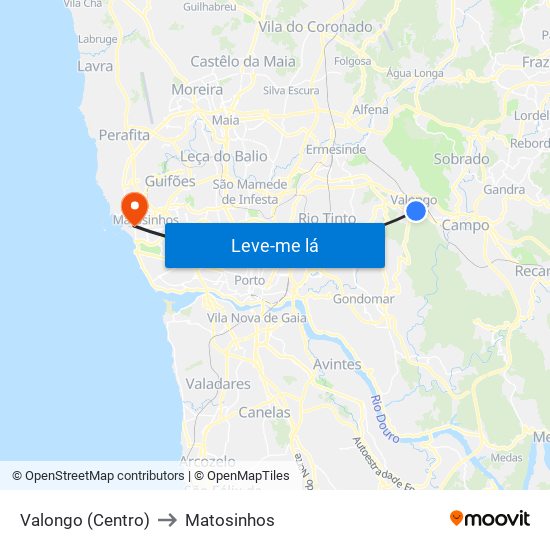 Valongo (Centro) to Matosinhos map