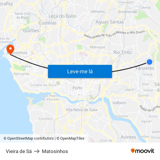 Vieira de Sá to Matosinhos map