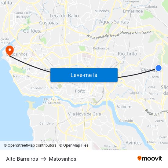 Alto Barreiros to Matosinhos map