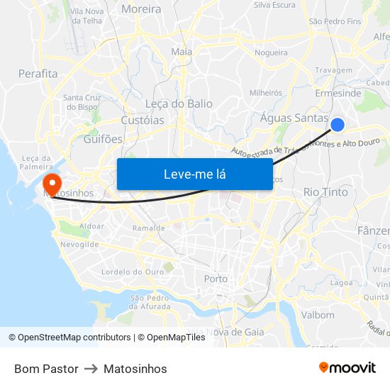Bom Pastor to Matosinhos map