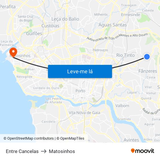 Entre Cancelas to Matosinhos map