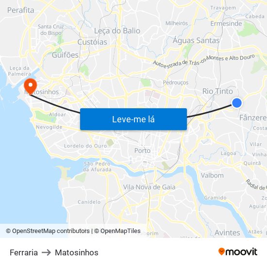 Ferraria to Matosinhos map