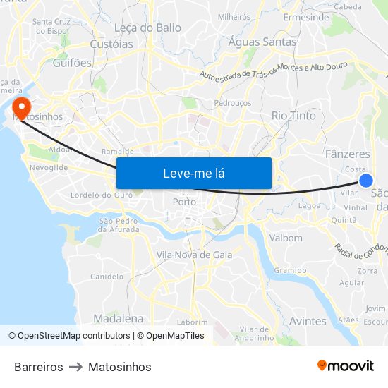 Barreiros to Matosinhos map