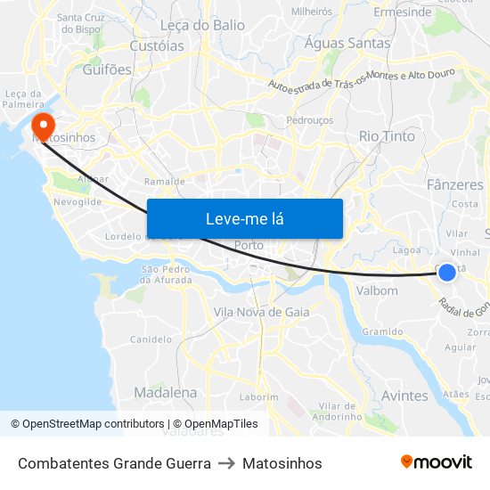 Combatentes Grande Guerra to Matosinhos map