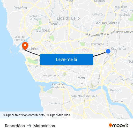 Rebordãos to Matosinhos map
