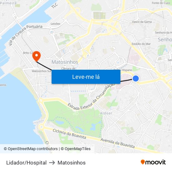 Lidador/Hospital to Matosinhos map