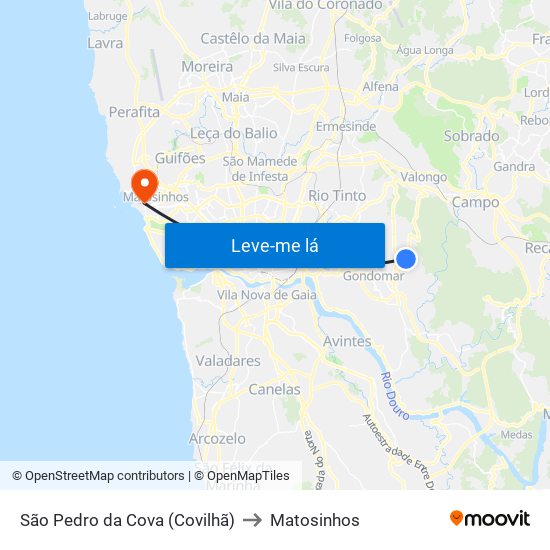 São Pedro da Cova (Covilhã) to Matosinhos map