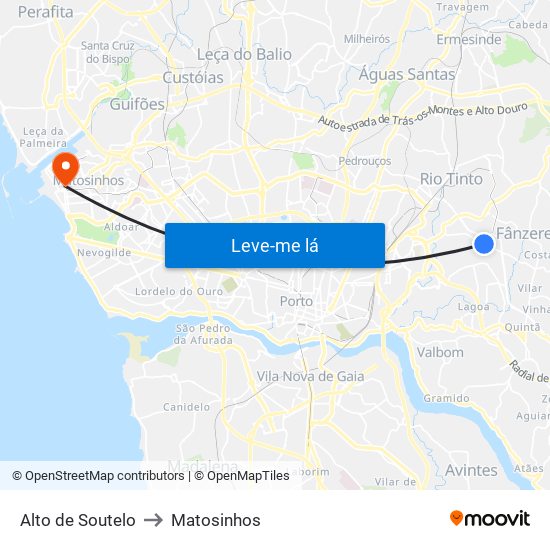 Alto de Soutelo to Matosinhos map