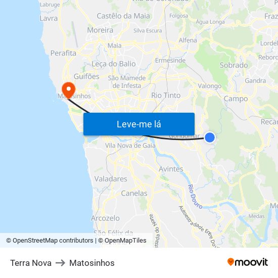 Terra Nova to Matosinhos map