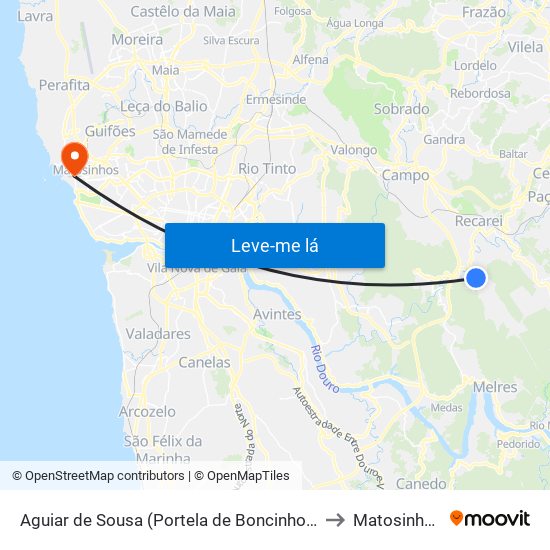 Aguiar de Sousa (Portela de Boncinhos) to Matosinhos map
