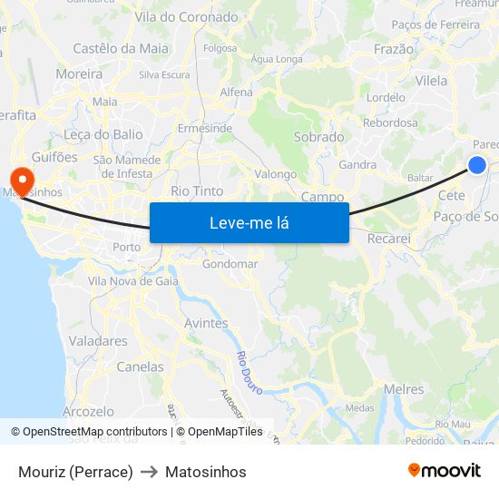 Mouriz (Perrace) to Matosinhos map