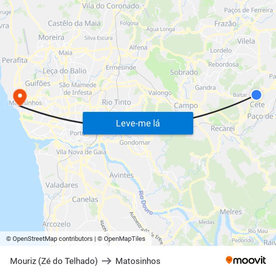 Mouriz (Zé do Telhado) to Matosinhos map