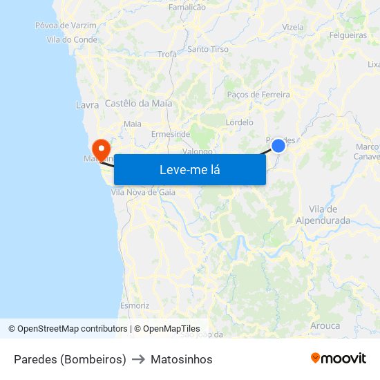 Paredes (Bombeiros) to Matosinhos map