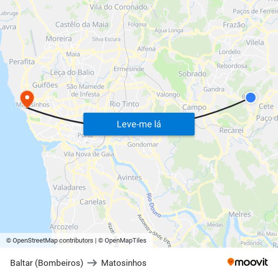 Baltar (Bombeiros) to Matosinhos map