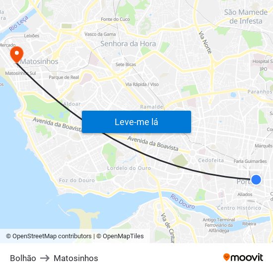 Bolhão to Matosinhos map