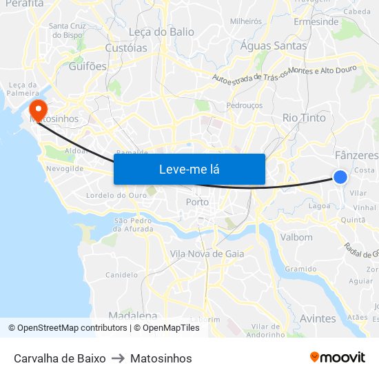 Carvalha de Baixo to Matosinhos map