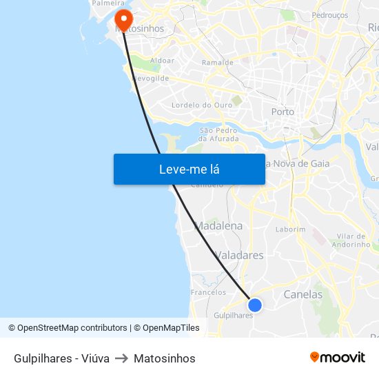Gulpilhares - Viúva to Matosinhos map