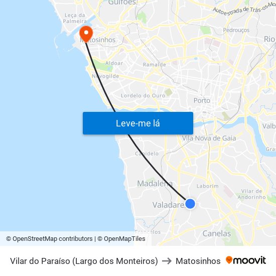 Vilar do Paraíso (Largo dos Monteiros) to Matosinhos map