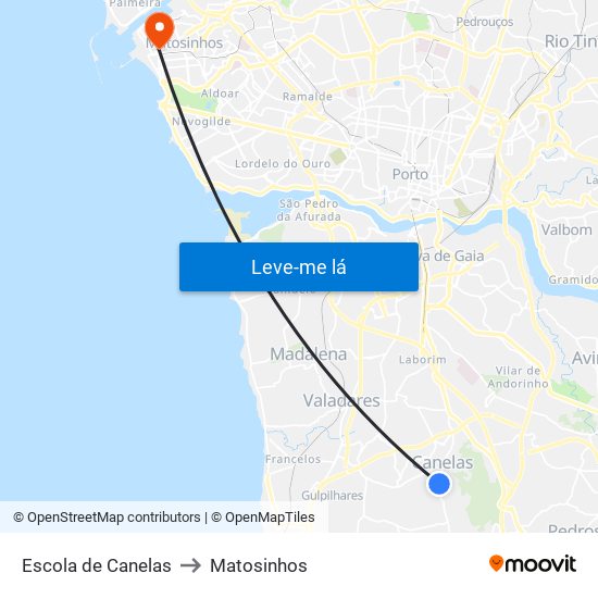 Escola de Canelas to Matosinhos map