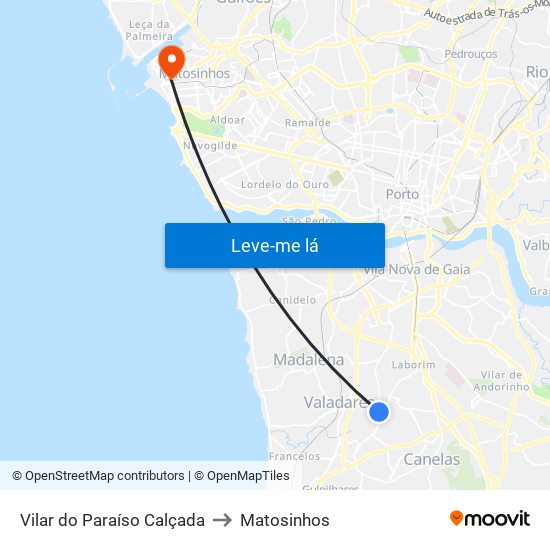Vilar do Paraíso Calçada to Matosinhos map