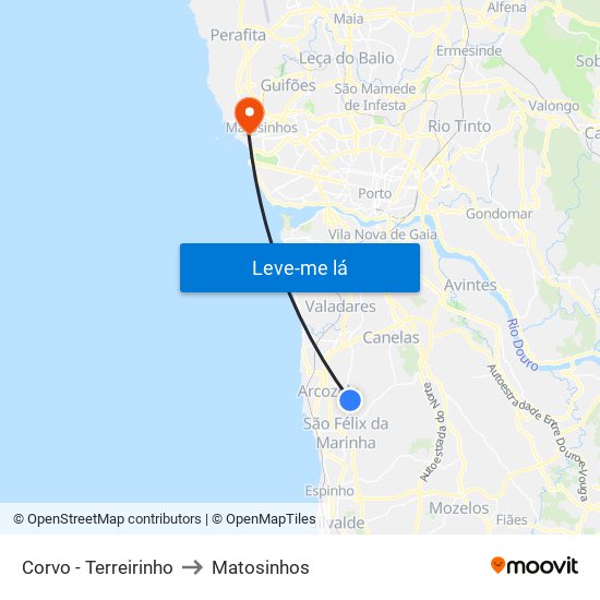 Corvo - Terreirinho to Matosinhos map