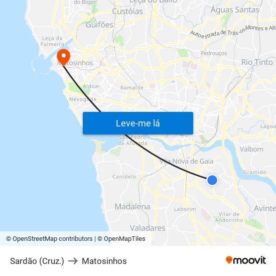 Sardão (Cruz.) to Matosinhos map