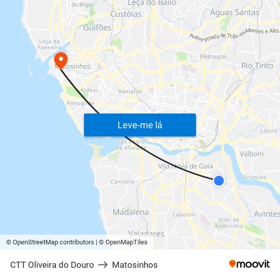 CTT Oliveira do Douro to Matosinhos map