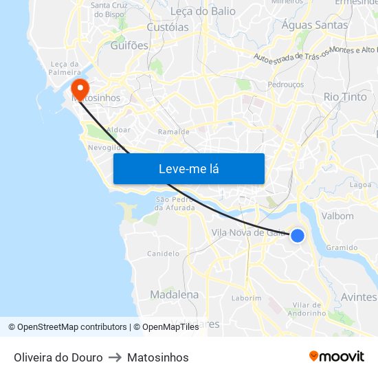 Oliveira do Douro to Matosinhos map