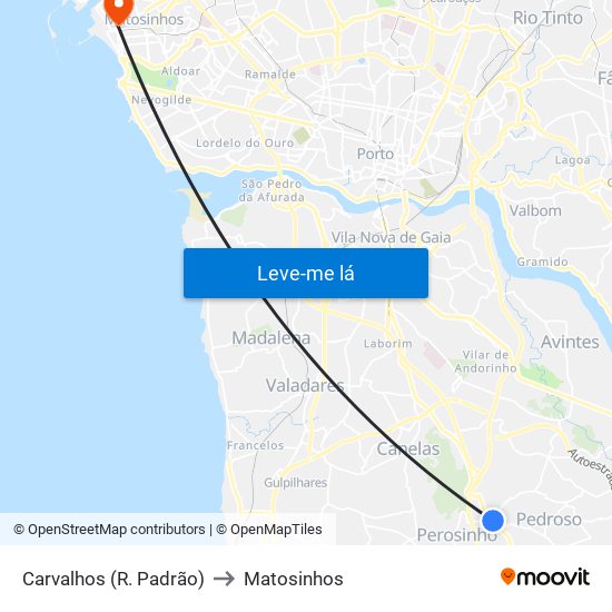 Carvalhos (R. Padrão) to Matosinhos map