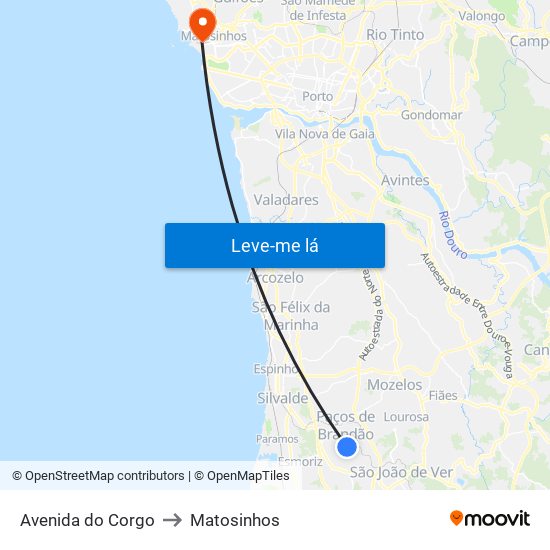 Av. do Corgo to Matosinhos map