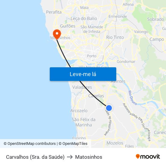 Carvalhos (Sra. da Saúde) to Matosinhos map