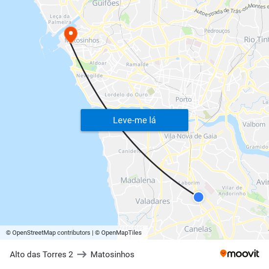 Alto das Torres 2 to Matosinhos map