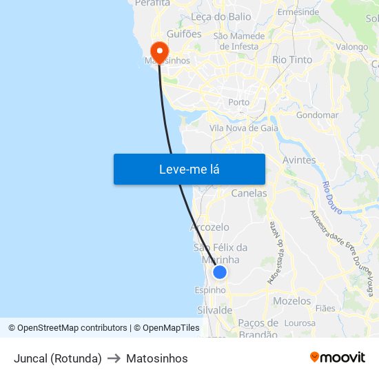 Juncal (Rotunda) to Matosinhos map